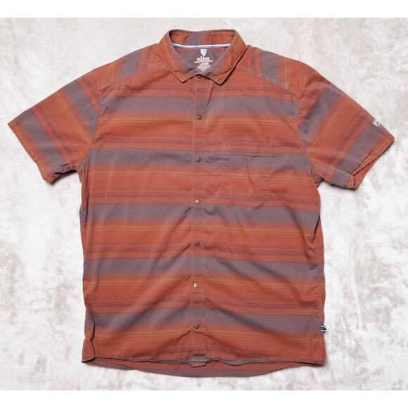 Kuhl Intriguer Red Burgundy Gray Stripe Button Down Short Sleeve Shirt Mens L - Picture 1 of 15